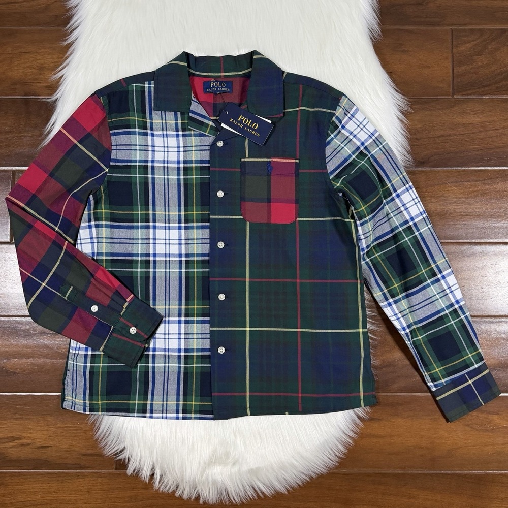 Polo Ralph Lauren Boys Large 14-16 Patchwork Plaid Cotton Oxford Fun Shirt